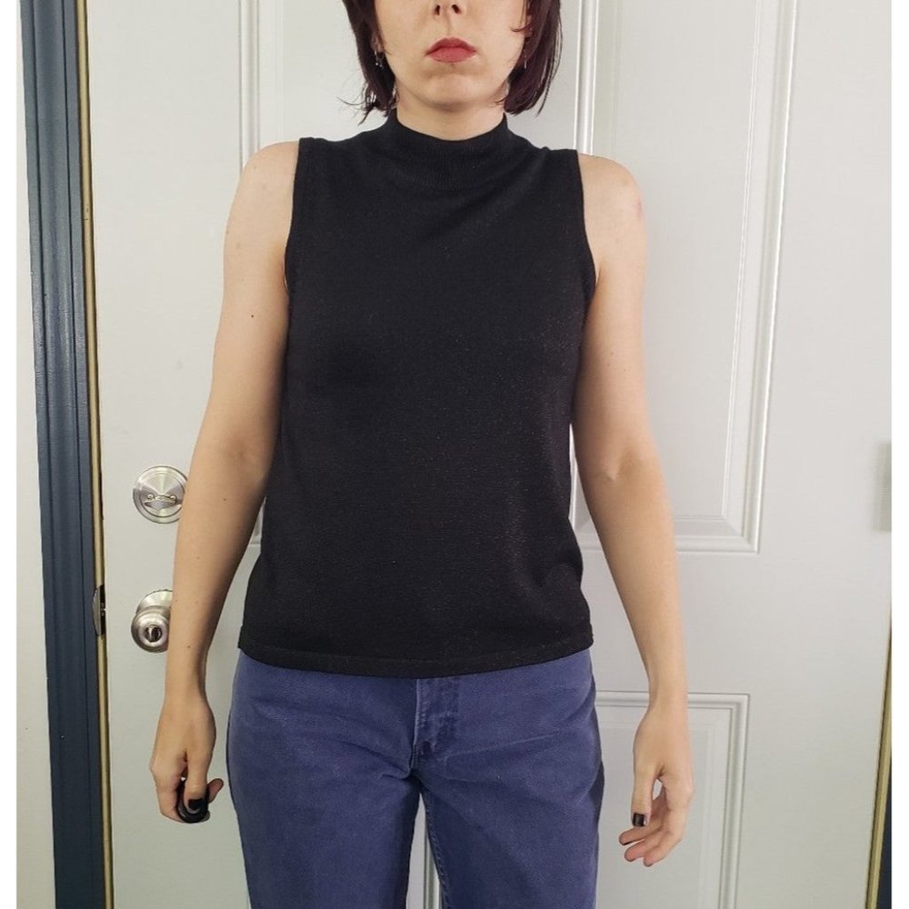 90s/Y2K Black Silk Sleeveless Mock Turtleneck
